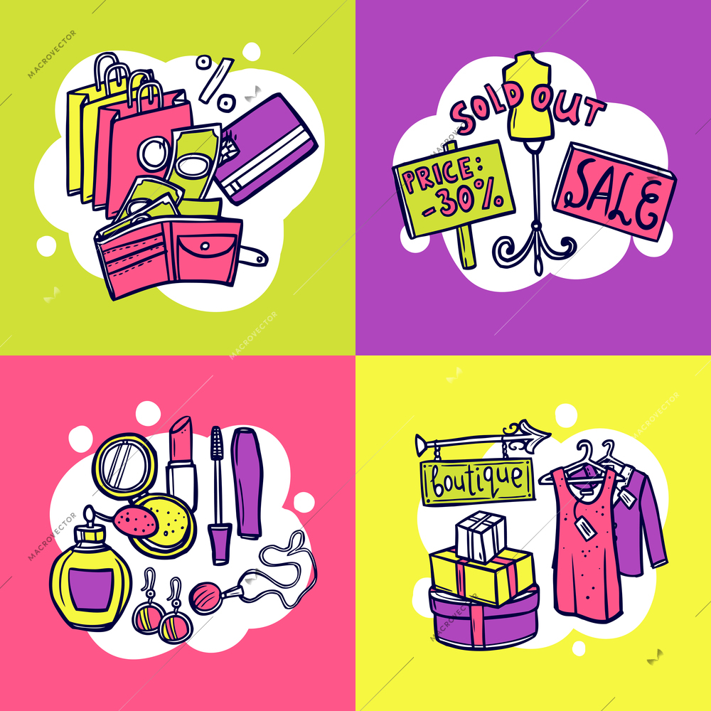 Shopping design concept set with bags boxes clothes cosmetics jewelry and sale discounts isolated vector illustration