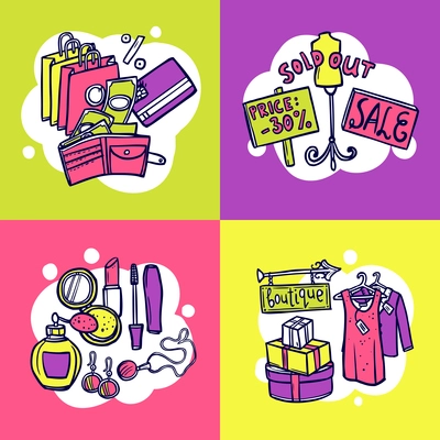 Shopping design concept set with bags boxes clothes cosmetics jewelry and sale discounts isolated vector illustration