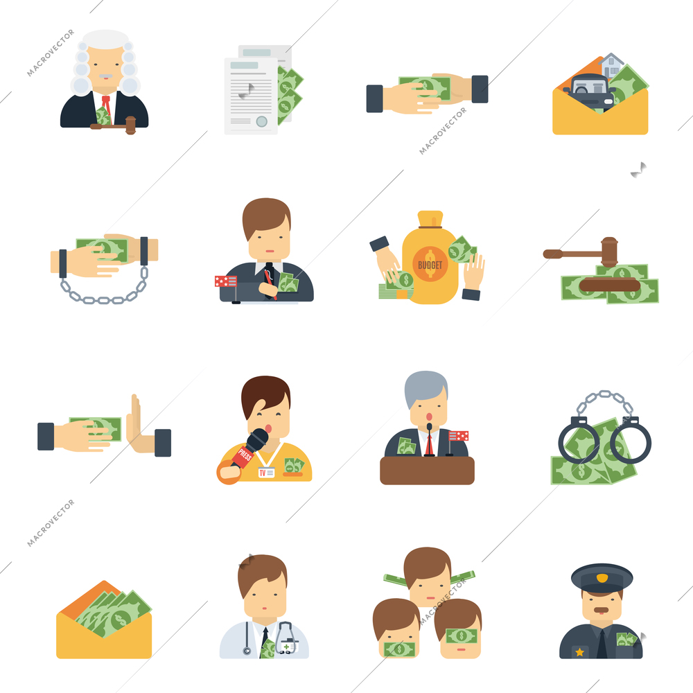 Corruption in business government and police icons flat set isolated vector illustration