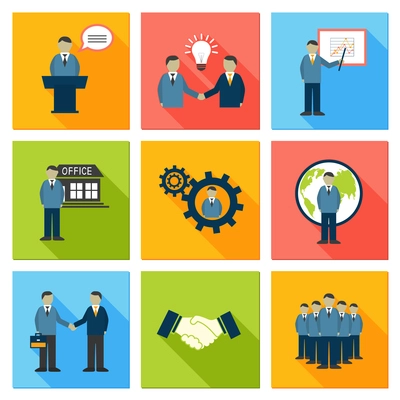 Collection of flat business people meeting at office conference presentation pictograms vector illustration