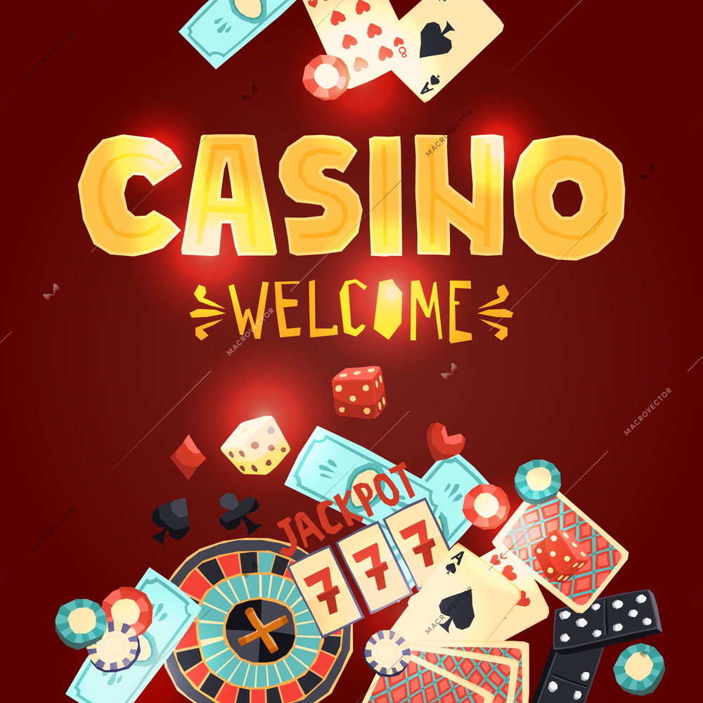 Casino gambling poster with poker cards dice roulette domino chips slot machine vector illustration