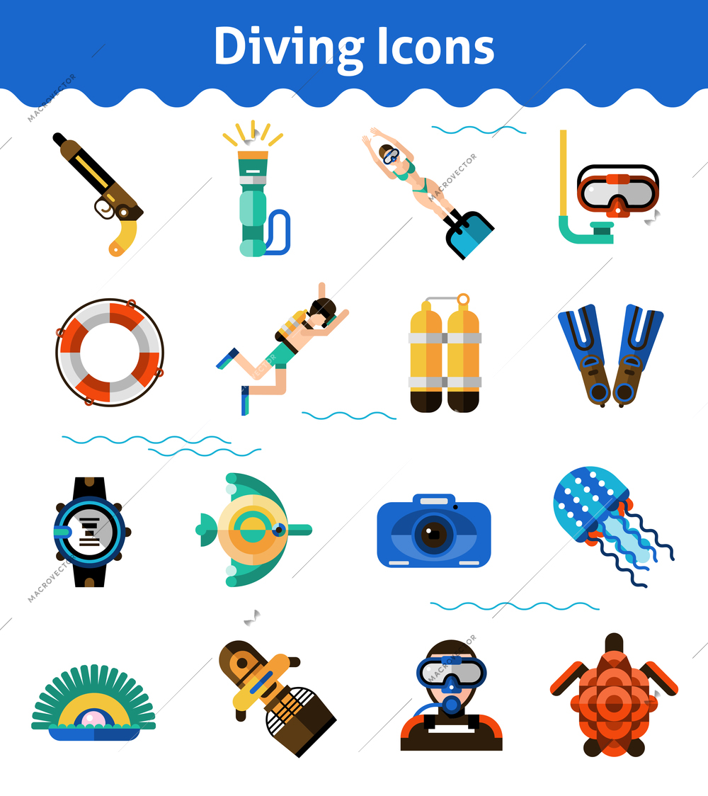 Scuba diving icons set with oxygen snorkel fish isolated vector illustration