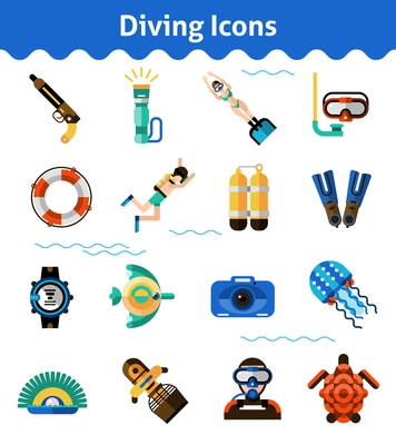 Scuba diving icons set with oxygen snorkel fish isolated vector illustration