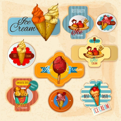 Ice cream delicious frozen dessert paper labels set isolated vector illustration