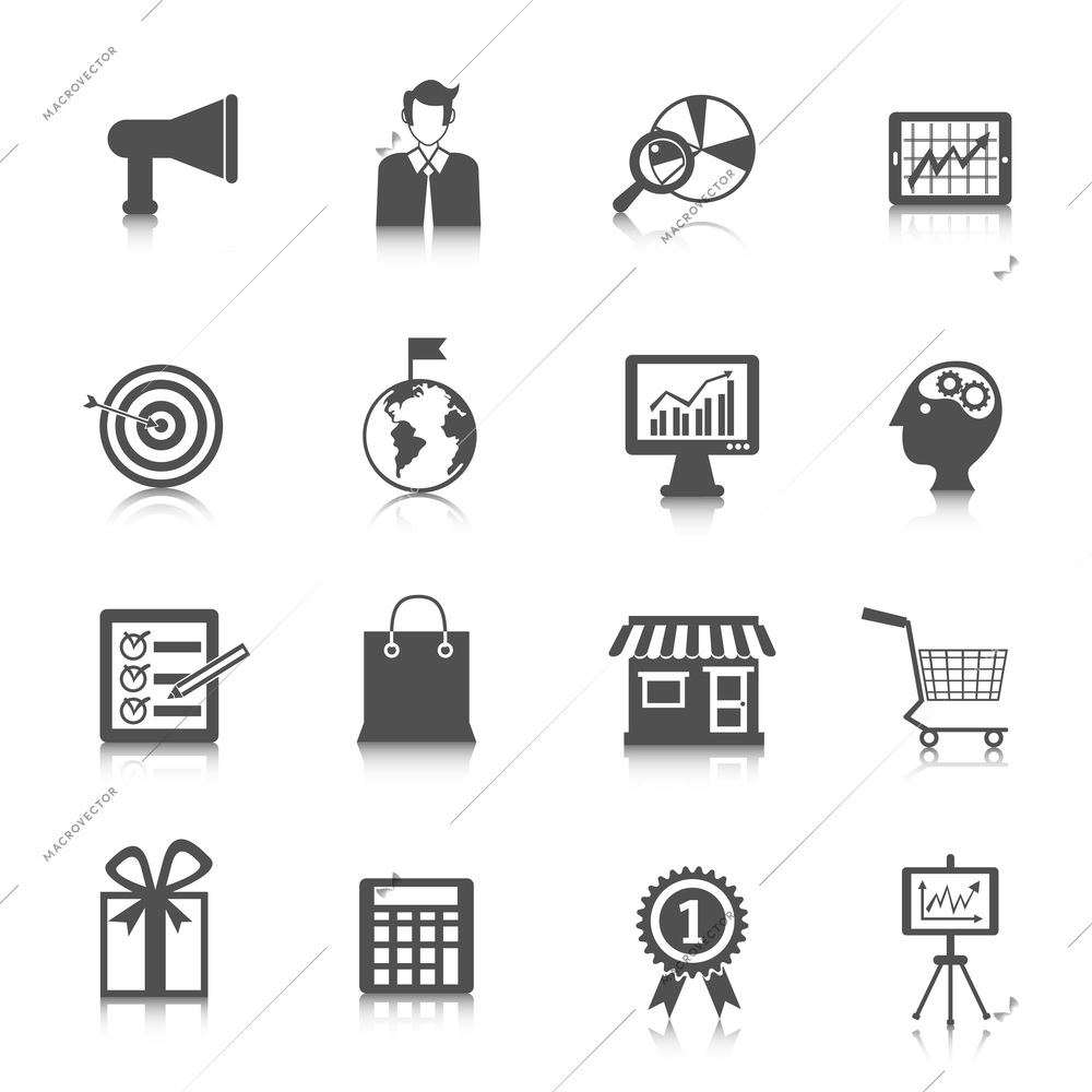 Marketing communication business technology black icons set isolated vector illustration