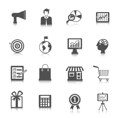 Marketing communication business technology black icons set isolated vector illustration