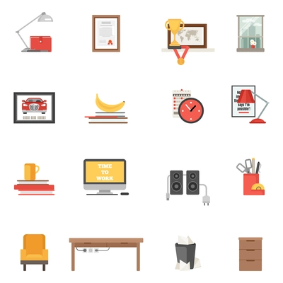 Work room interior single icons flat set isolated vector illustration