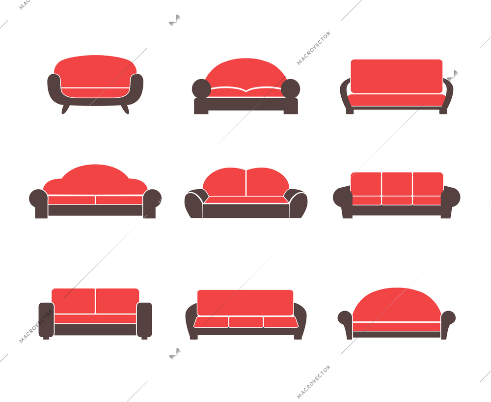 Comfortable sofas and couches furniture flat icons set for living room isolated vector illustration