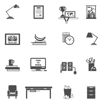 Work room interior icons black set with computer monitor table isolated vector illustration