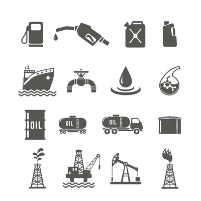 Petroleum industry black icon set with fuel tanker transportation terminal drilling well isolated vector illustration