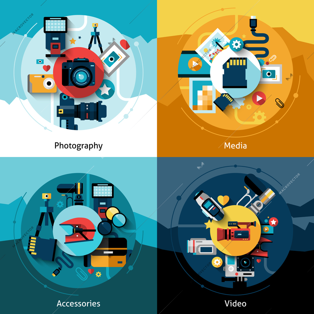 Camera design set with photography media accessories and video flat icons isolated vector illustration