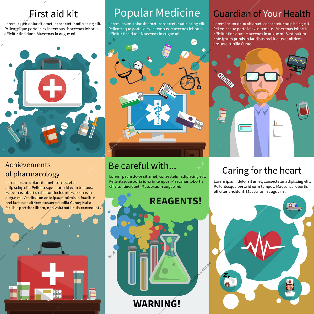 Various medicine pharmacy and healthcare subjects mini poster multicolored set isolated vector illustration