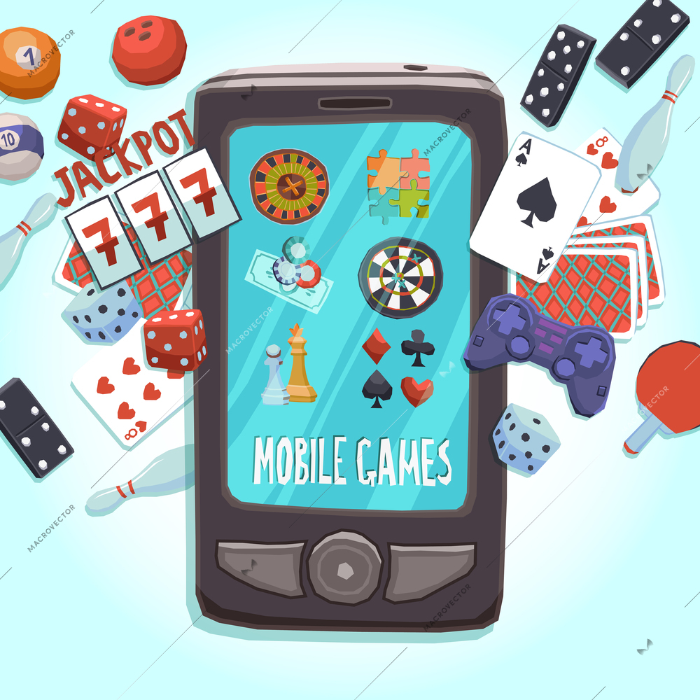 Mobile phone games concept with casino bowling ping-pong dice domino joystick darts and puzzle vector illustration.
