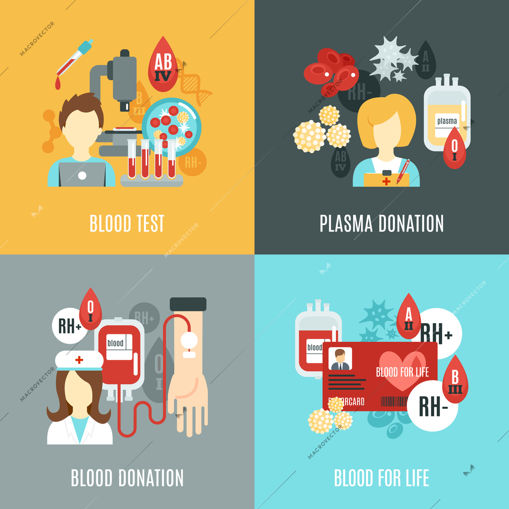 Donor design concept set with blood test plasma donation flat icons isolated vector illustration