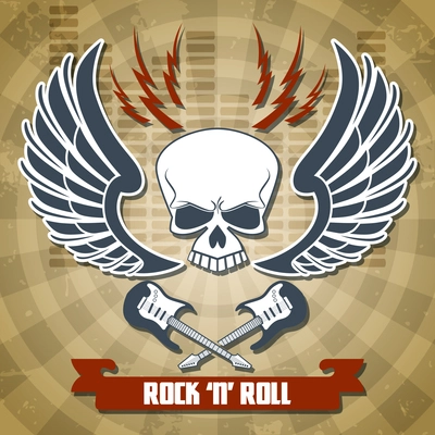 Retro rock with skull wings and crossed guitars background vector illustration