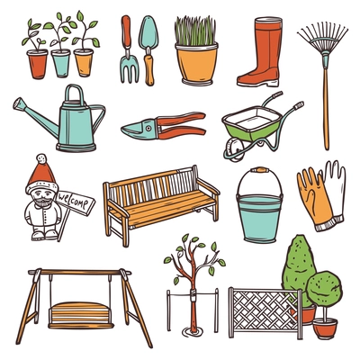 Gardening tools decorative icons set with hand drawn farming equipment isolated vector illustration