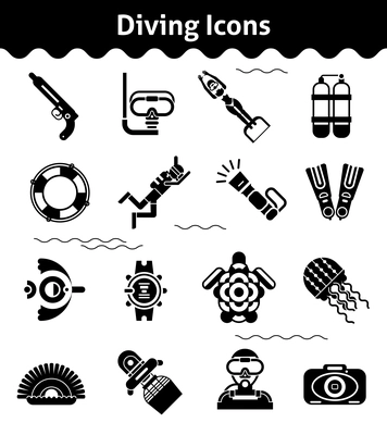 Diving icons black set with diver underwater gun flipper isolated vector illustration