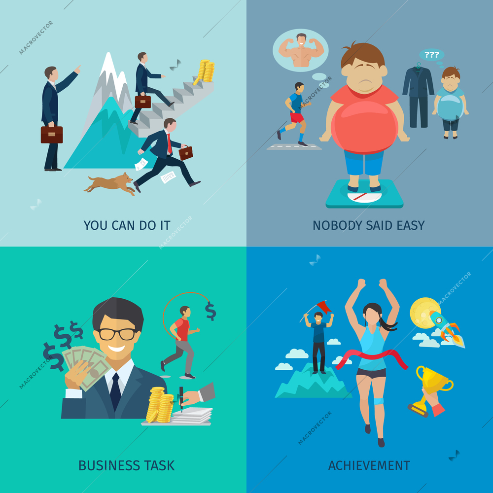 Motivation design concept set with business task and achievement flat icons isolated vector illustration