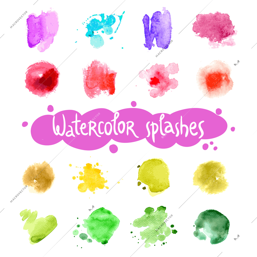 Watercolor splashes abstract colorful ink drops set isolated vector illustration