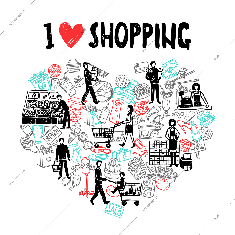 I love shopping concept with fish dairy meat bakery fruits vegetables ice cream shopping cart basket vector illustration