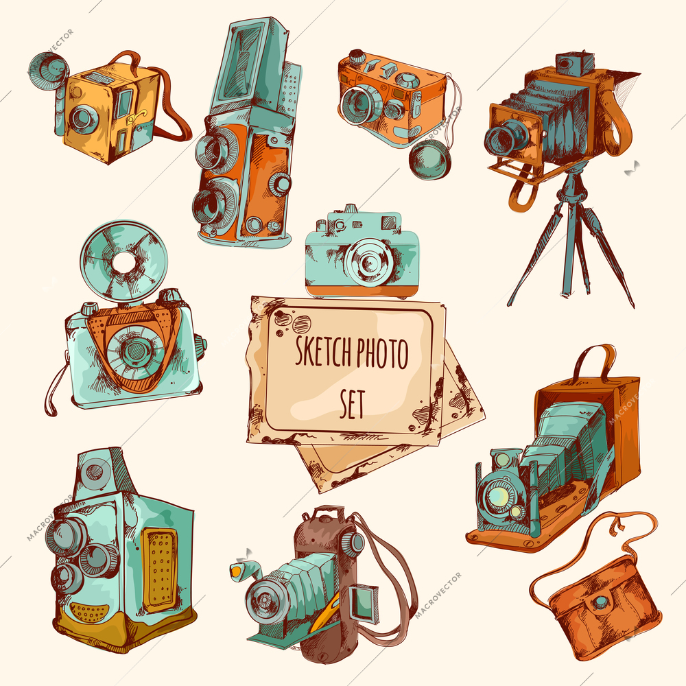 Sketch photo colored set with vintage camera equipment isolated vector illustration