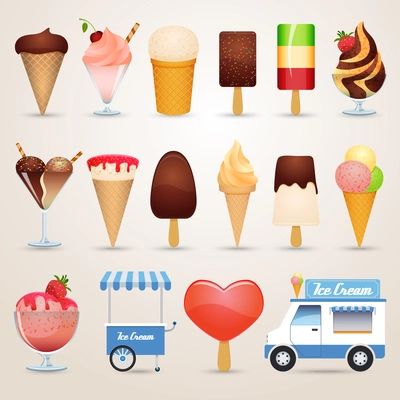 Ice cream various kinds chocolate caramel and fruit cartoon icons set shadow isolated vector illustration