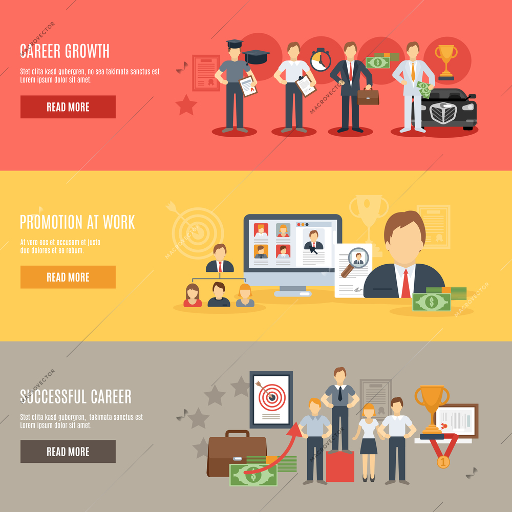 Career growth horizontal banner set with promotion at work flat elements isolated vector illustration