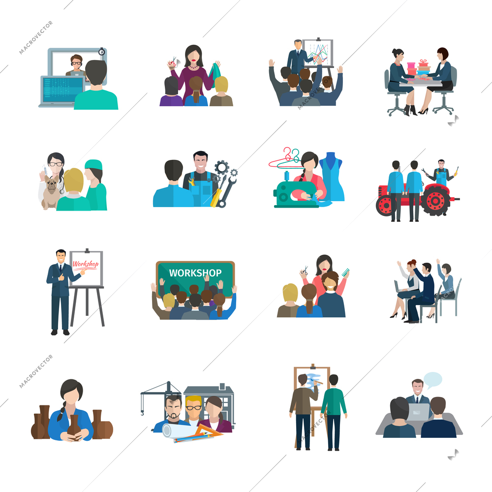 Workshop flat icons set with business leader presentation teamwork organization isolated vector illustration