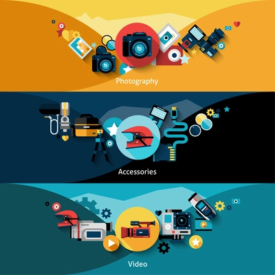 Camera horizontal banners set with video and photography accessories isolated vector illustration