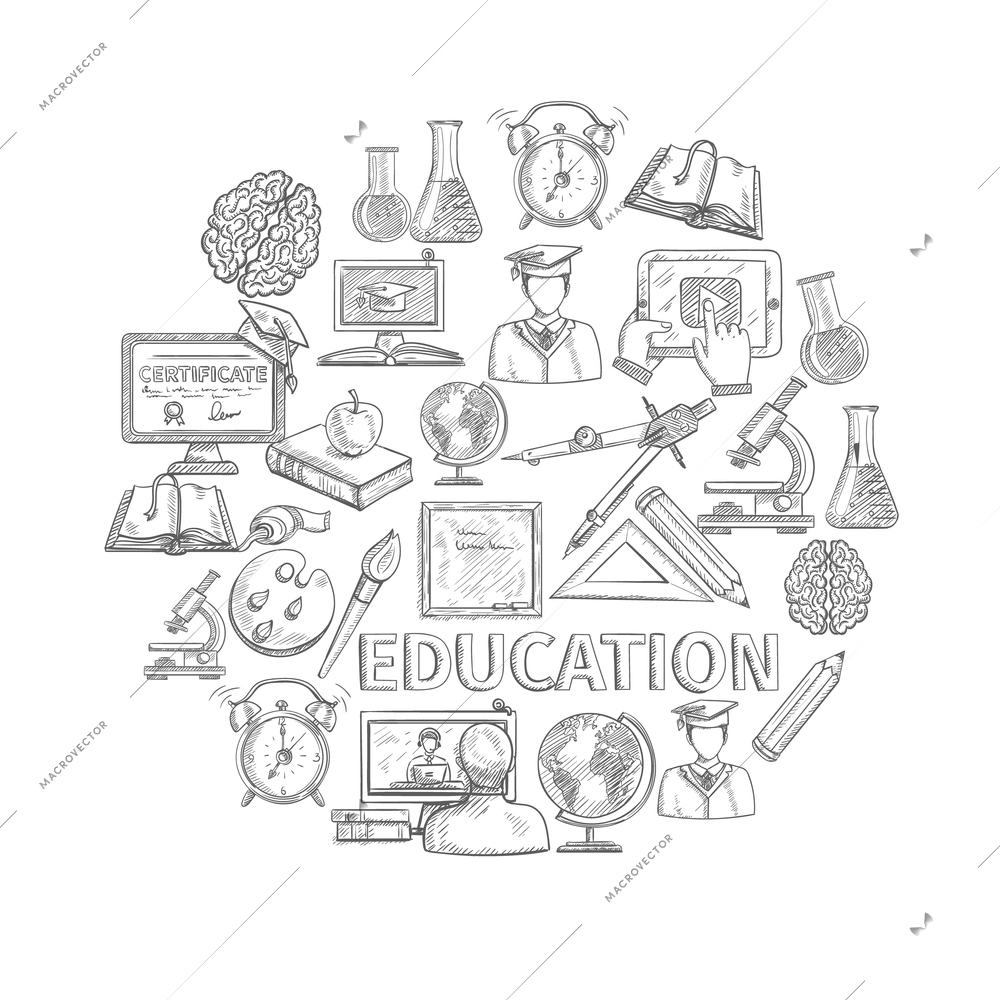 Education concept sketch with school and university study icons vector illustration