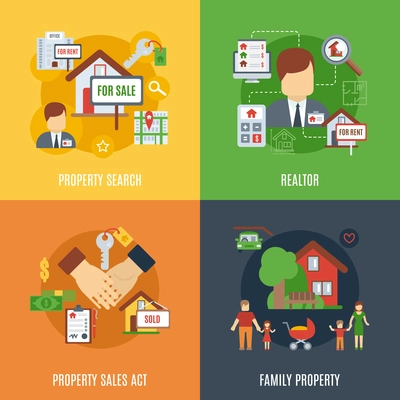 Real estate design concept set with family property search flat icons isolated vector illustration