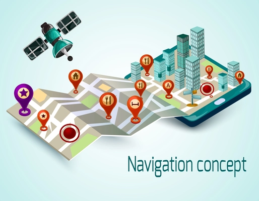 Navigation concept with cartoon mobile phone and isometric map with route markers vector illustration