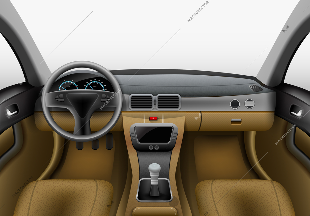 Realistic car interior with light chairs and grey dashboard vector illustration