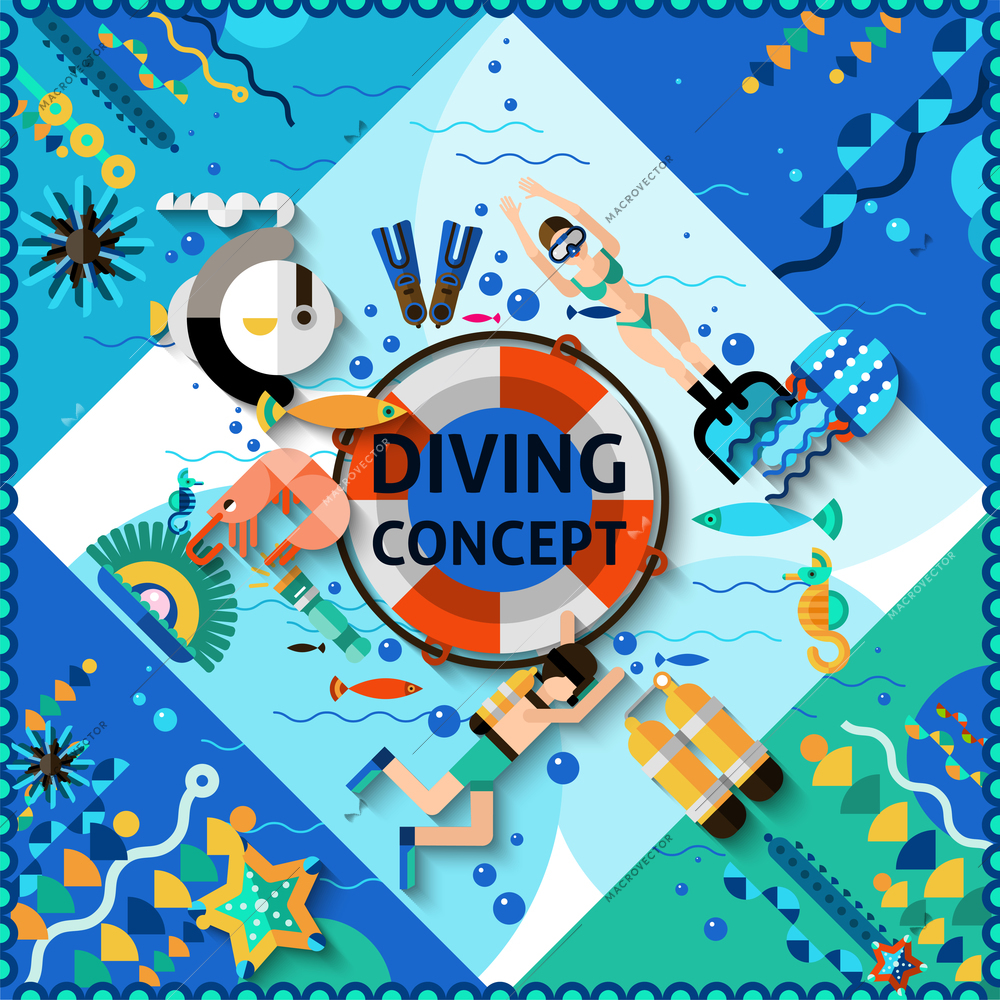 Scuba diving concept with diver and underwater life icons vector illustration