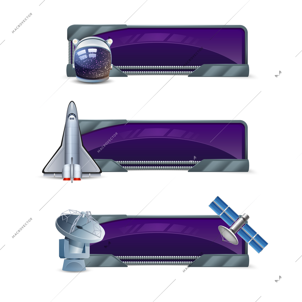 Space horizontal banner set with astronaut helmet rocket satellite isolated vector illustration