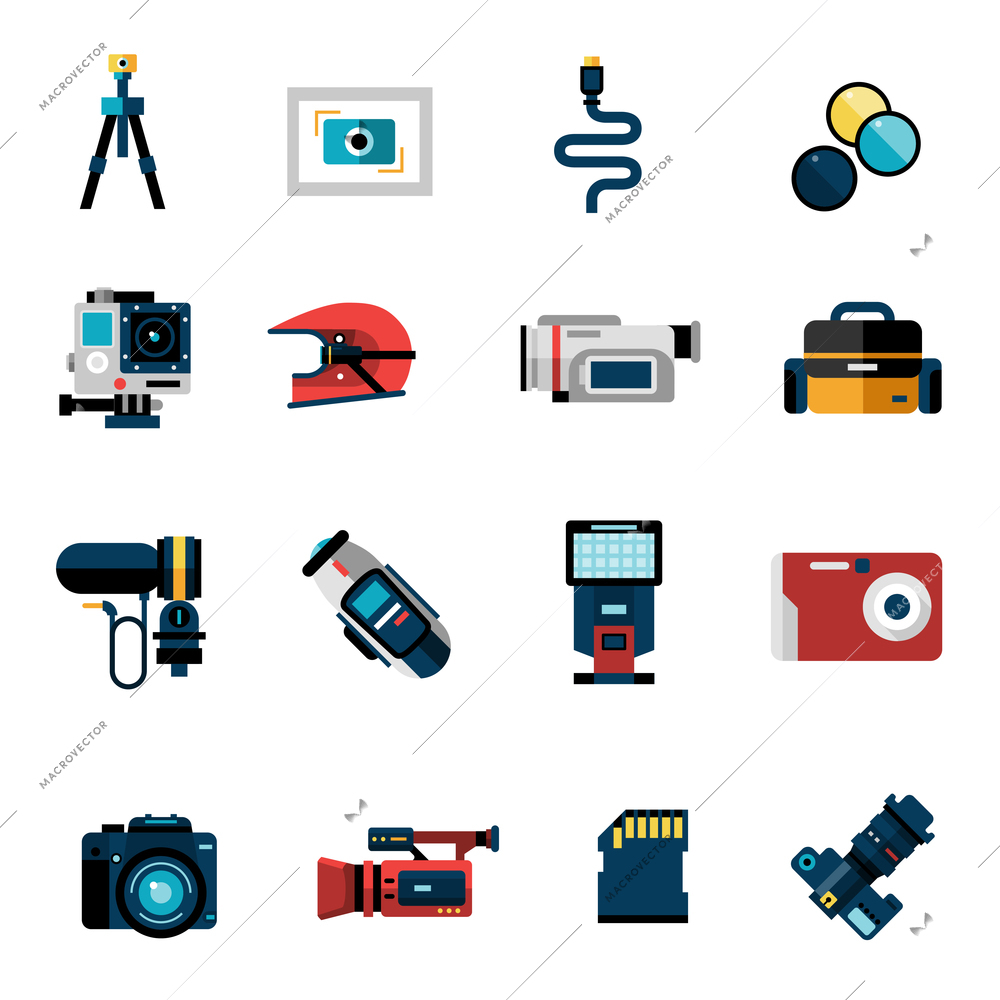 Photo and video camera technique icons set isolated vector illustration