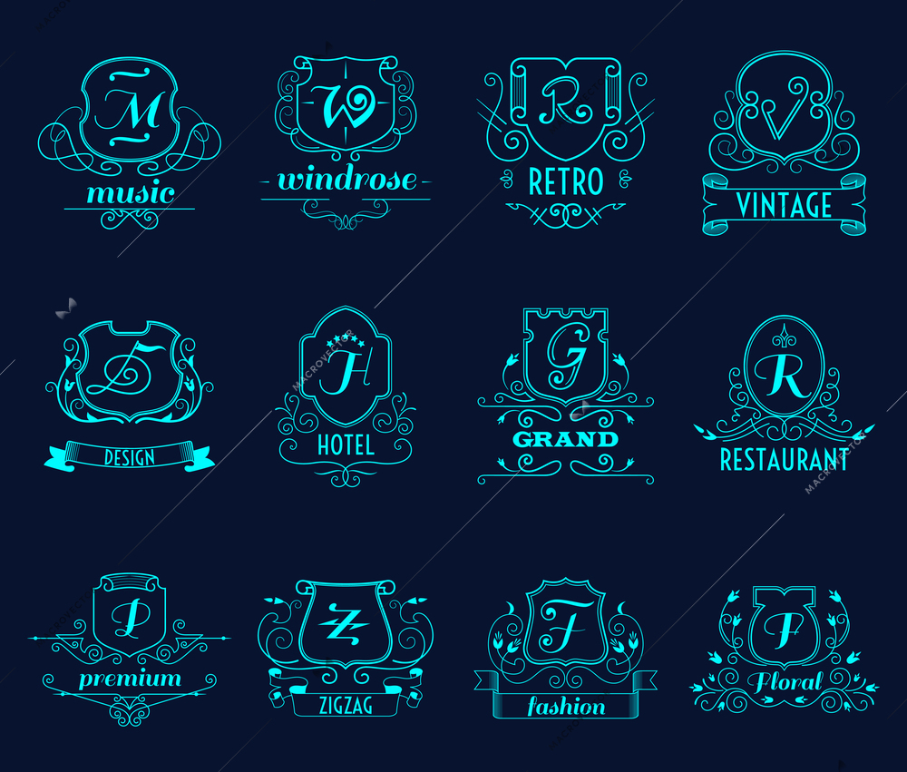 Monograms shields design set on dark blue background flat isolated vector illustration