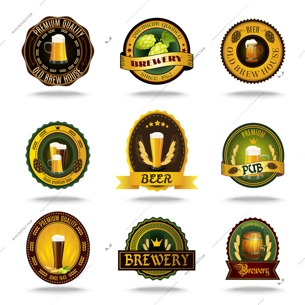 Vintage style brewery cellar bar traditional lager brand beer emblems labels set color abstract isolated vector illustration