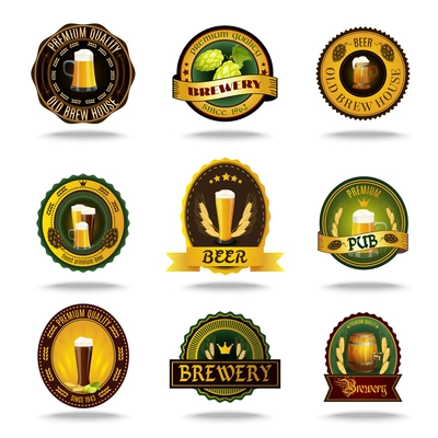 Vintage style brewery cellar bar traditional lager brand beer emblems labels set color abstract isolated vector illustration