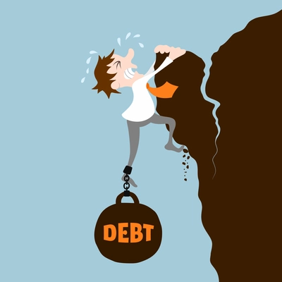 Business man with debt falling from cliff concept vector illustration