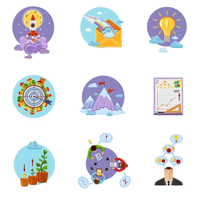 Business startup creative idea money investment decorative icons set isolated vector illustration