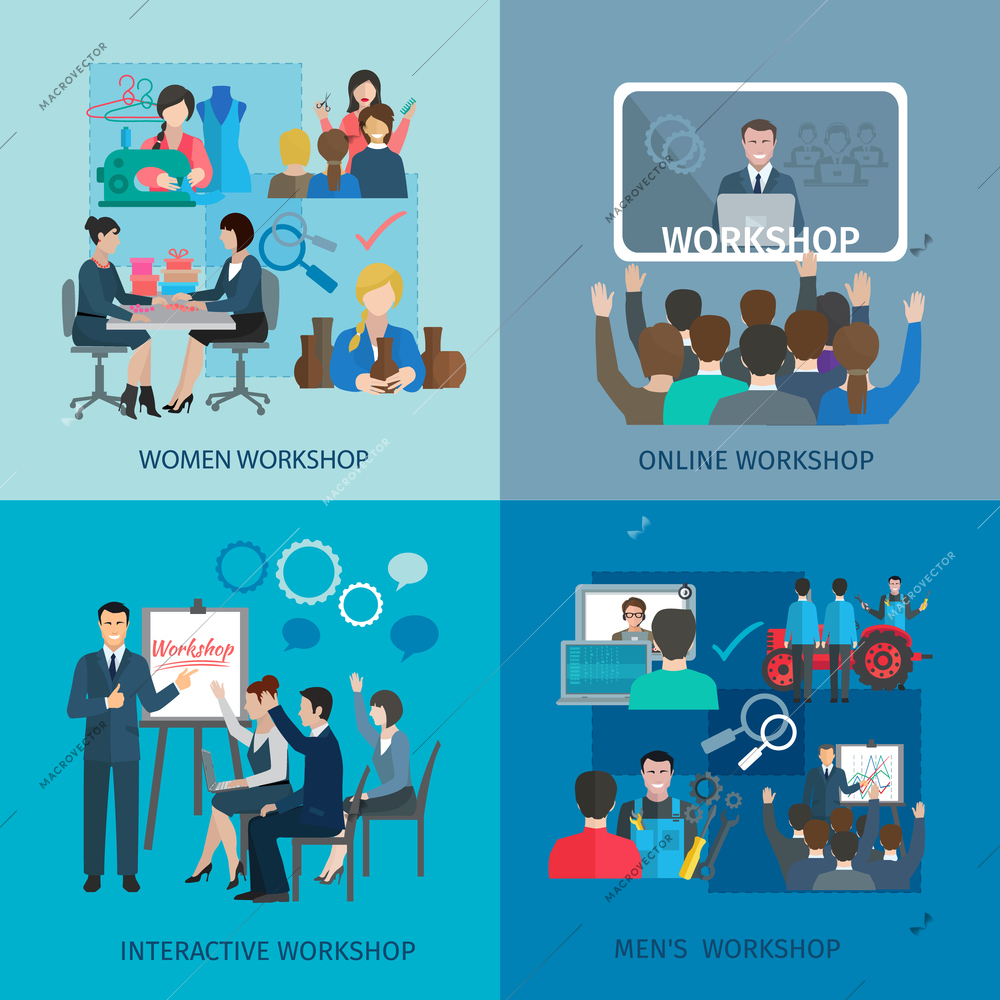 Workshop design concept set with women men online interactive teamwork flat icons isolated vector illustration