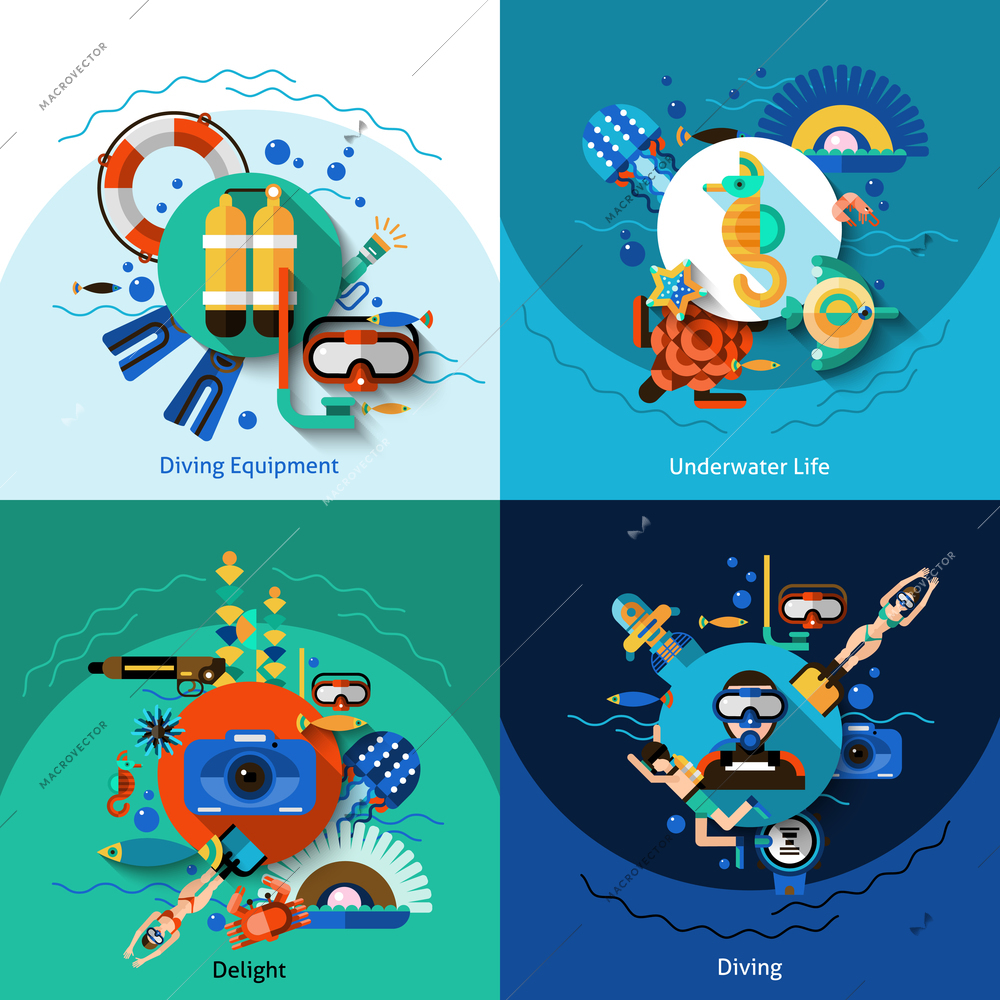 Diving design concept set with underwater life flat icons isolated vector illustration