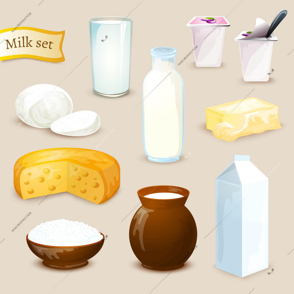 Milk food and drink products decorative icons set with yogurt cheese butter isolated vector illustration