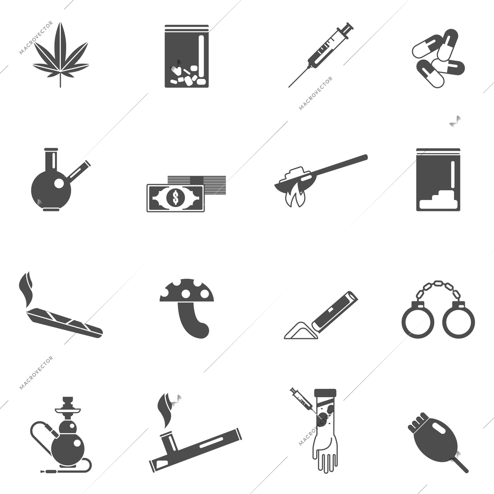 Drugs black icons set with magic mushrooms weed leaf crack smoke isolated vector illustration