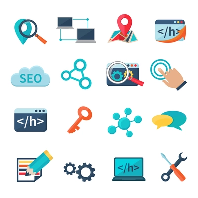 Seo marketing analytics and development flat icons set isolated vector illustration