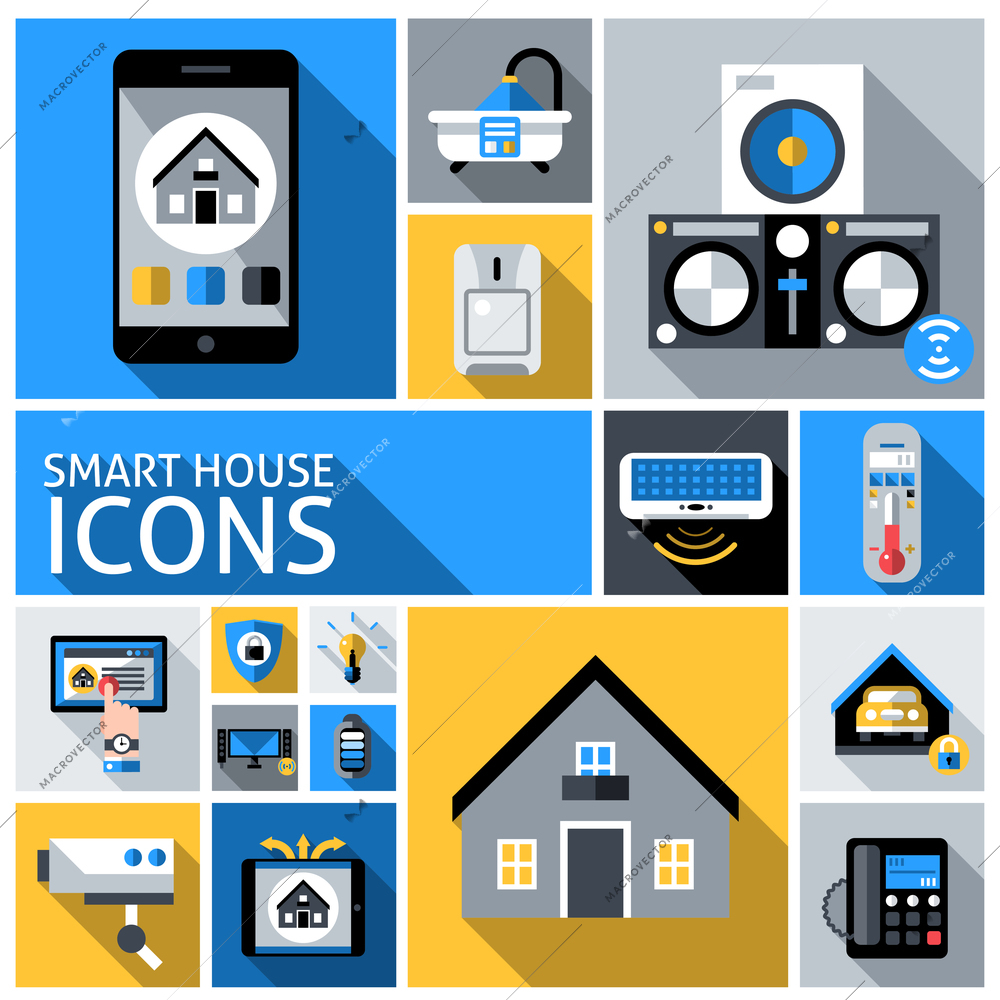 Smart house automated household control system flat decorative icons set isolated vector illustration