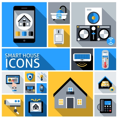 Smart house automated household control system flat decorative icons set isolated vector illustration