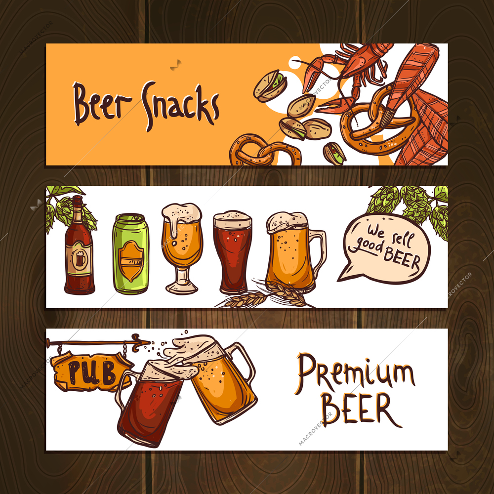 Horizontal beer banners sketch set with snacks jugs bottles and pub sign isolated vector illustration