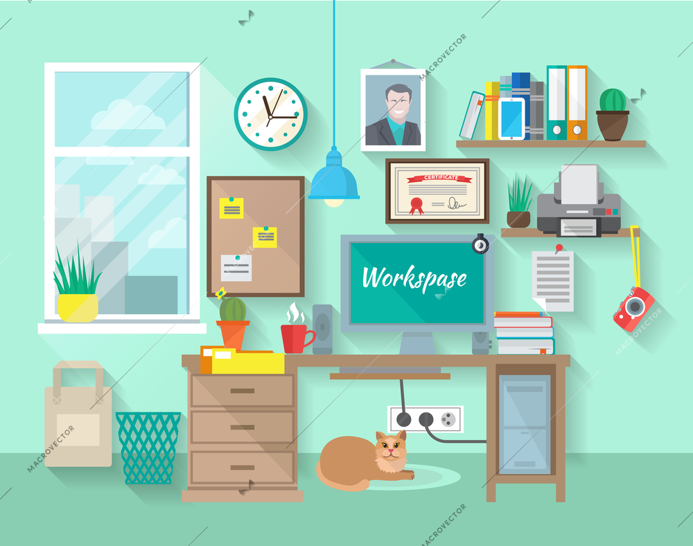 Student or businessman workplace in room with desk computer bookshelf poster vector illustration